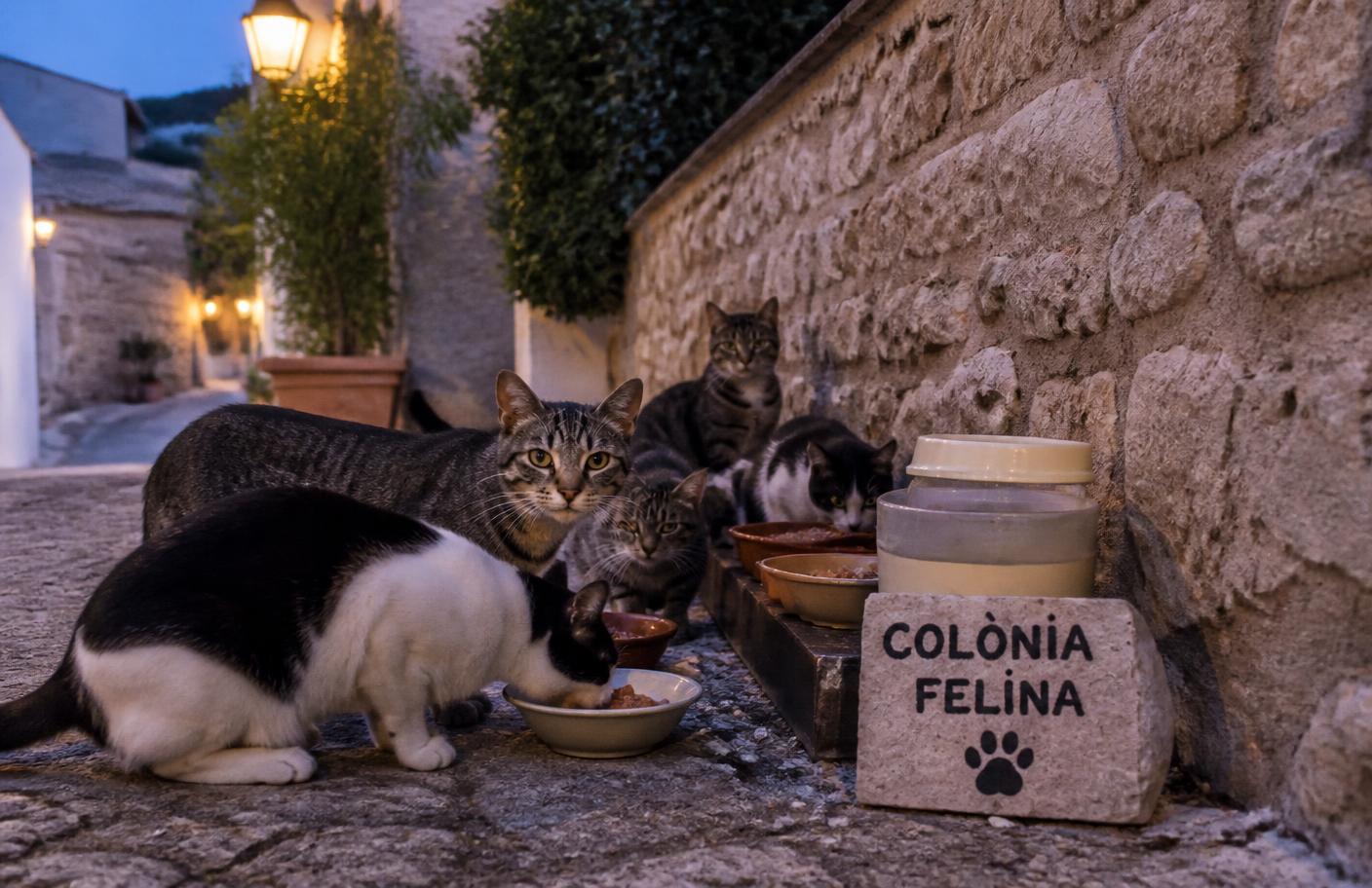 Gatos de una colonia felina alimentándose junto a un muro de piedra