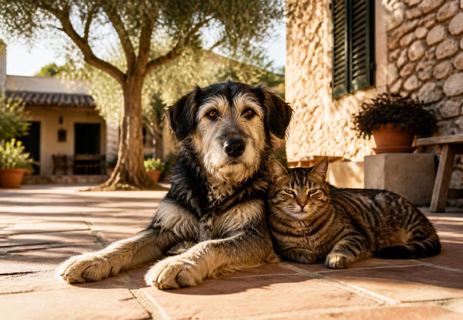 Perro y gato rescatados descansando en un patio de una finca mallorquina